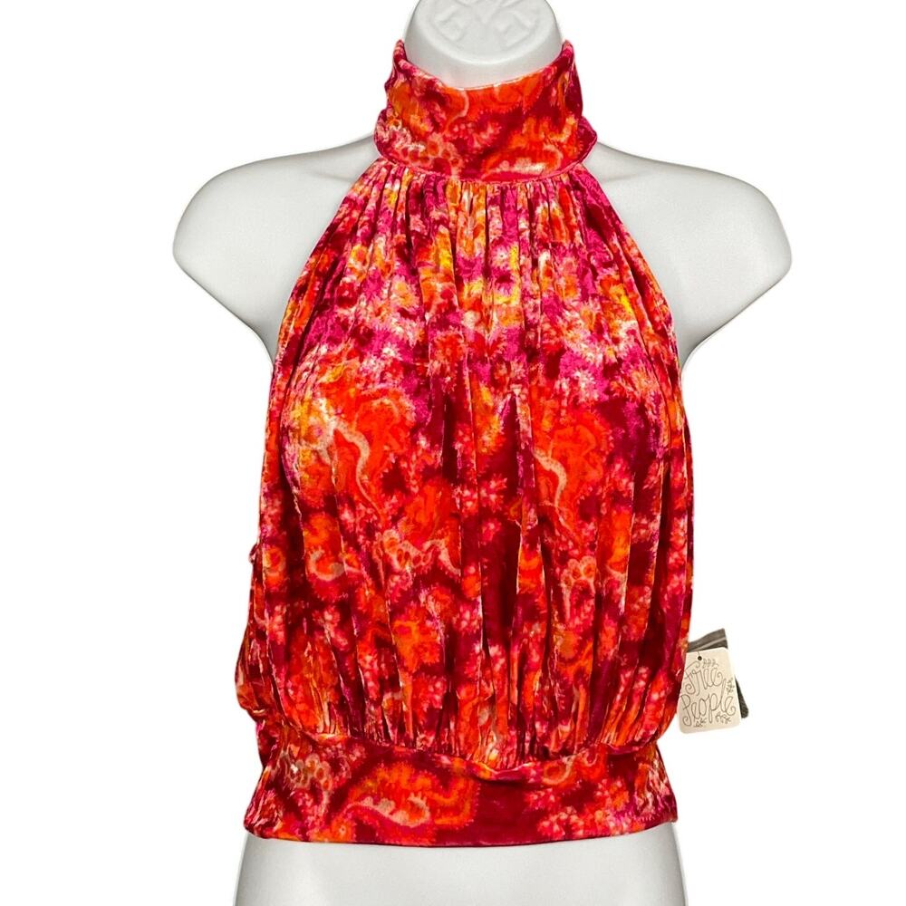 FREE PEOPLE Halter Top Crushed Velvet Pink Paisley Take A Break NWT NEW XS Boho